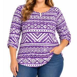 Bamboo Women’s Purple White Geometric Print 3/4 Sleeve Blouse | Size Large